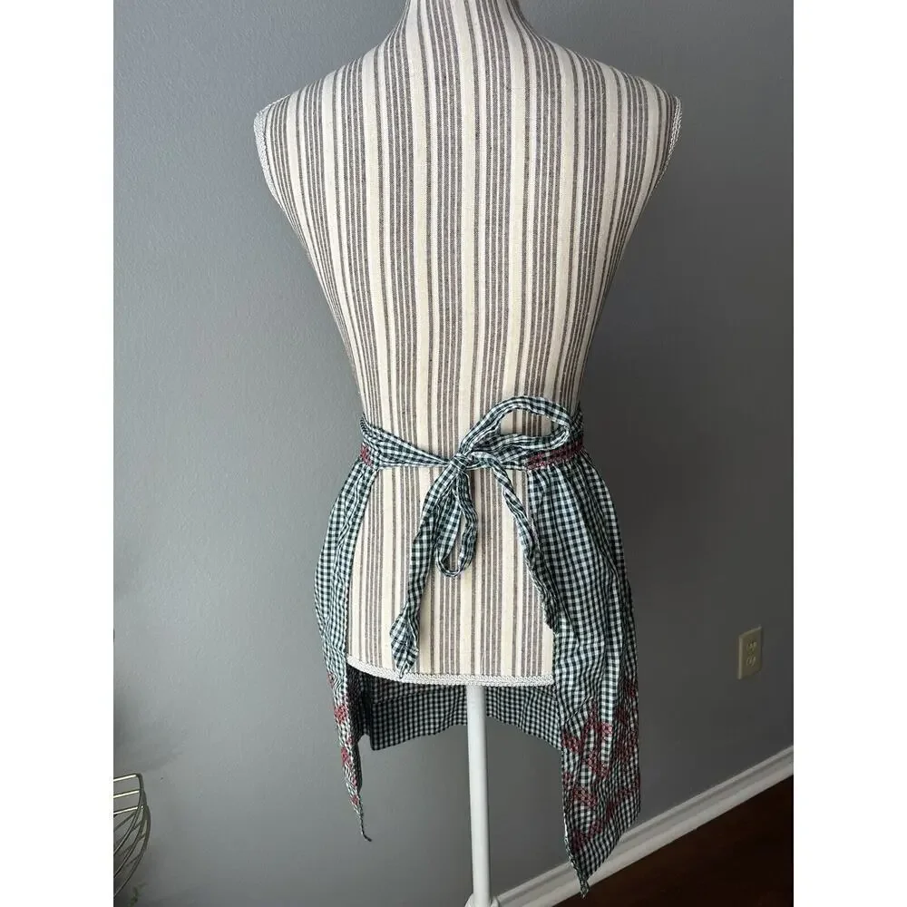 Green Red White Gingham Waist Apron with Red Rickrack and Embroidery Christmas